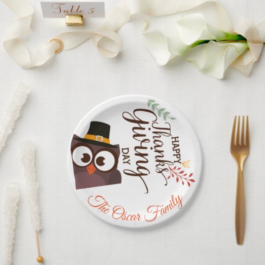 ハッピーサンクスギビングかわいいフクロウ ペーパープレート (ウェディング)