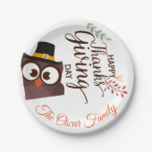 ハッピーサンクスギビングかわいいフクロウ ペーパープレート (正面)