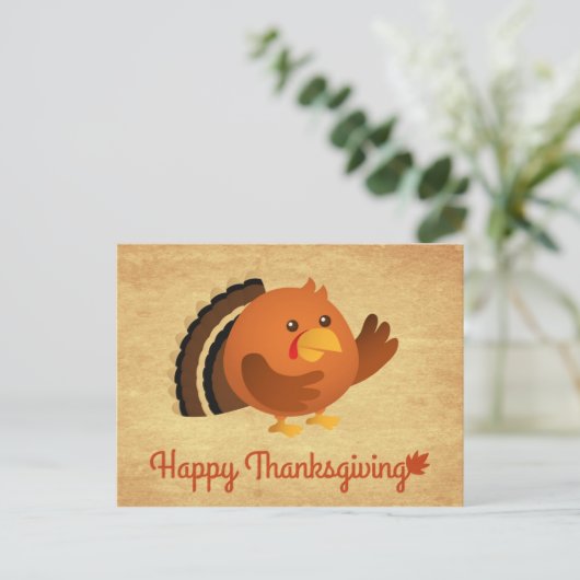 ハッピーサンクスギビングかわいいラウンドトルコ シーズンポストカード (スタンド正面)