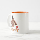 ハッピーサンクスギビングかわいい巡礼者トルコ ツートーンマグカップ (正面左)