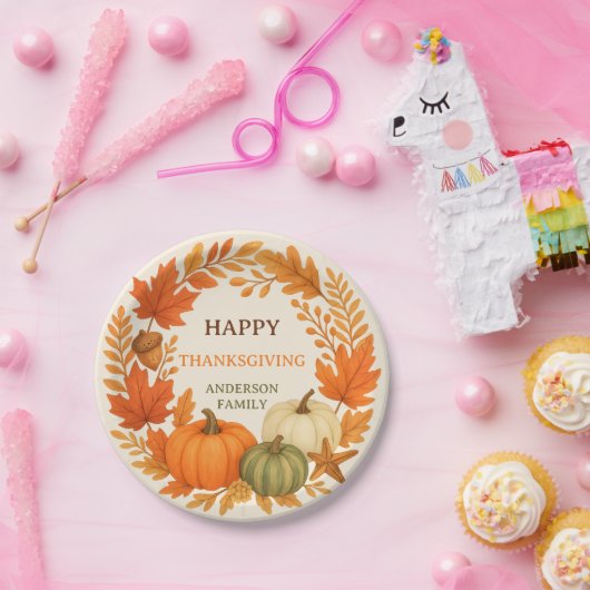 ハッピーサンクスギビングのカボチャ秋の葉ベージュ ペーパープレート (パーティー)