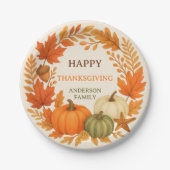 ハッピーサンクスギビングのカボチャ秋の葉ベージュ ペーパープレート (正面)