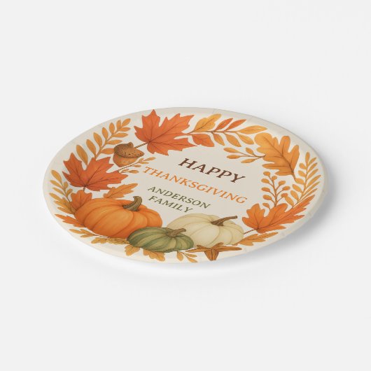 ハッピーサンクスギビングのカボチャ秋の葉ベージュ ペーパープレート (アングル)