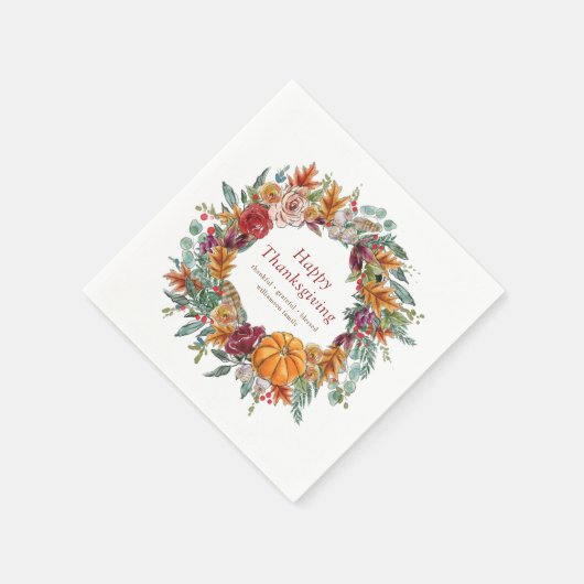 ハッピーサンクスギビングウォーターカラー秋パンプキンリース スタンダードカクテルナプキン (角)