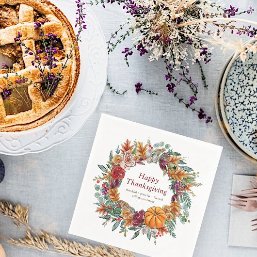 ハッピーサンクスギビングウォーターカラー秋パンプキンリース スタンダードカクテルナプキン