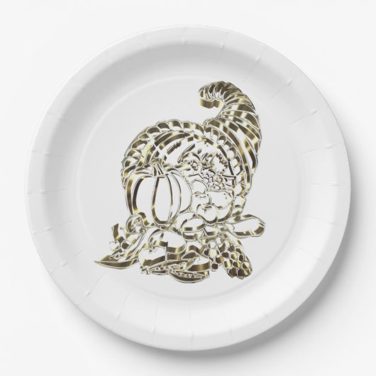 ハッピーサンクスギビングエレガントゴールデンコルヌコピア ペーパープレート (正面)