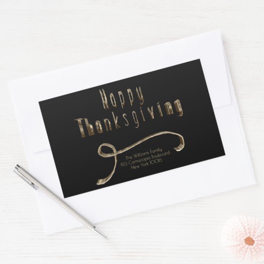 ハッピーサンクスギビングエレガントブラック金ゴールドタイポグラフィ 長方形シール (封筒)