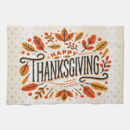 ハッピーサンクスギビングオレンジイエロー紅葉 キッチンタオル