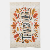 ハッピーサンクスギビングオレンジイエロー紅葉 キッチンタオル (縦)
