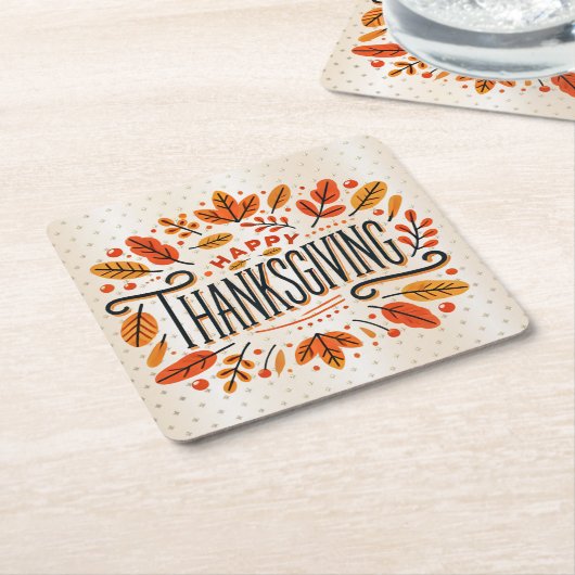 ハッピーサンクスギビングオレンジイエロー紅葉 スクエアペーパーコースター (アングル)