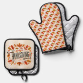 ハッピーサンクスギビングオレンジイエロー紅葉 鍋つかみ&鍋敷きセット (正面/裏面)