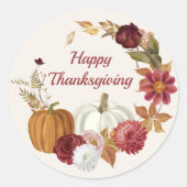 ハッピーサンクスギビングカボチャフローラバーガンディーオレンジ ラウンドシール (正面)