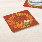 ハッピーサンクスギビングカボチャ秋テラコッタ スクエアペーパーコースター (アングル)