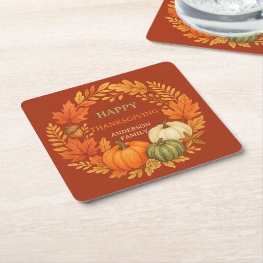 ハッピーサンクスギビングカボチャ秋テラコッタ スクエアペーパーコースター (アングル)