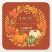 ハッピーサンクスギビングカボチャ秋テラコッタ スクエアペーパーコースター (正面)