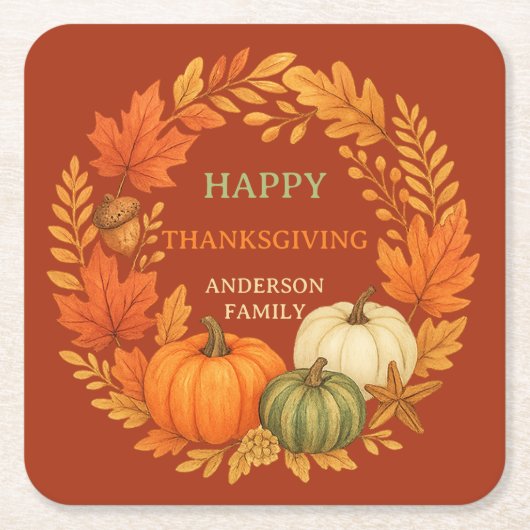 ハッピーサンクスギビングカボチャ秋テラコッタ スクエアペーパーコースター (正面)