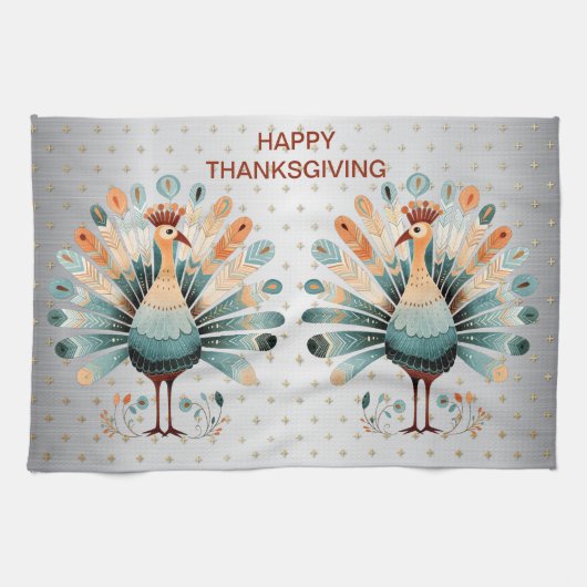 ハッピーサンクスギビングカラフルターキーゴールデンスターズ キッチンタオル (横)