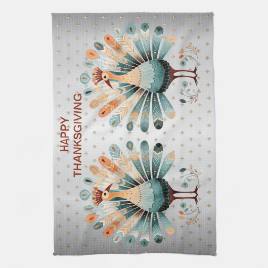 ハッピーサンクスギビングカラフルターキーゴールデンスターズ キッチンタオル (縦)