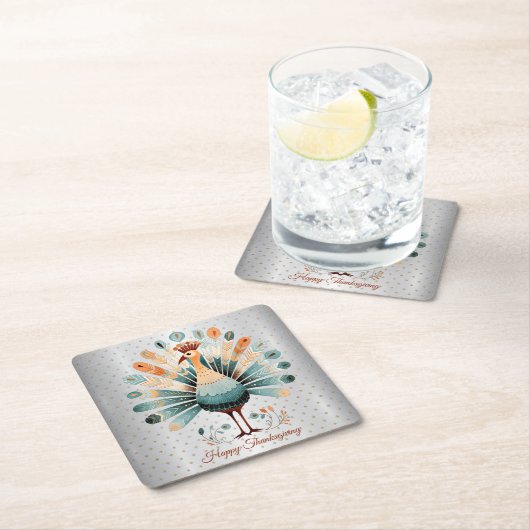 ハッピーサンクスギビングカラフルターキーゴールデンスターズ スクエアペーパーコースター (インサイチュ)