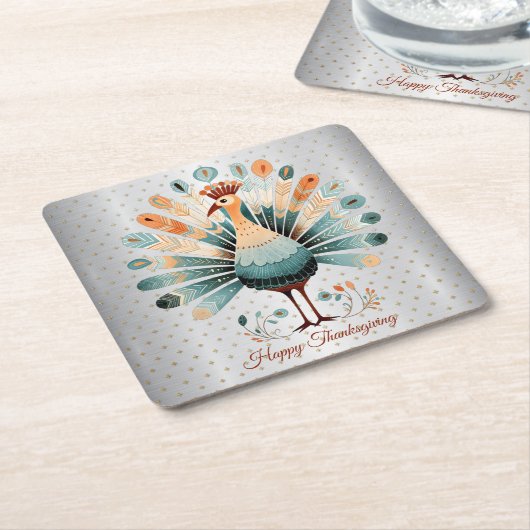 ハッピーサンクスギビングカラフルターキーゴールデンスターズ スクエアペーパーコースター (アングル)