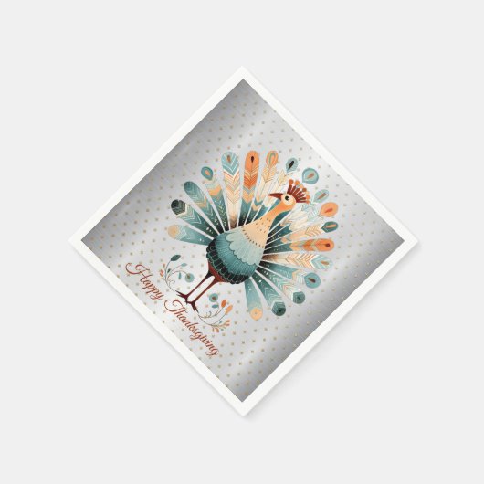 ハッピーサンクスギビングカラフルターキーゴールデンスターズ スタンダードカクテルナプキン (角)