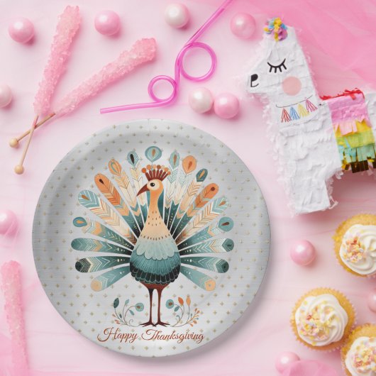 ハッピーサンクスギビングカラフルターキーゴールデンスターズ ペーパープレート (パーティー)
