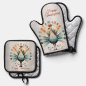 ハッピーサンクスギビングカラフルターキーゴールデンスターズ 鍋つかみ&鍋敷きセット (正面/裏面)