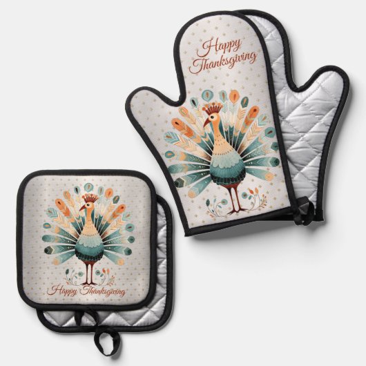 ハッピーサンクスギビングカラフルターキーゴールデンスターズ 鍋つかみ&鍋敷きセット (正面/裏面)
