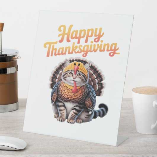 ハッピーサンクスギビングキャットターキーデイクラシック秋T-S 台座サイン (インサイチュ)