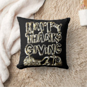 ハッピーサンクスギビングタイポグラフィ金ゴールドハーベストパンプキン クッション (ブランケット)
