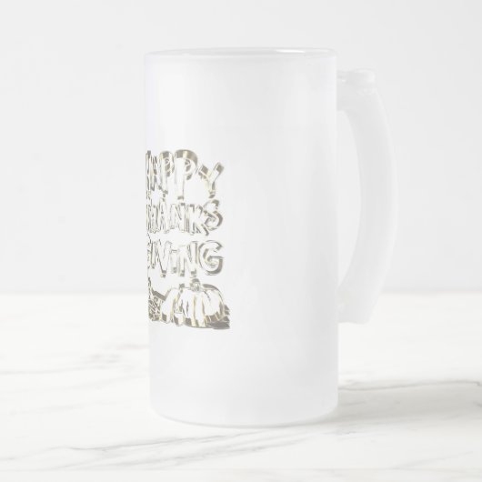 ハッピーサンクスギビングタイポグラフィ金ゴールドハーベストパンプキン フロストグラスビールジョッキ (正面右)