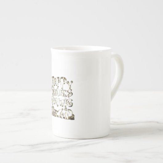 ハッピーサンクスギビングタイポグラフィ金ゴールドハーベストパンプキン ボーンチャイナマグカップ (正面右)