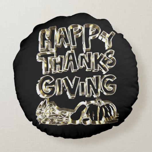 ハッピーサンクスギビングタイポグラフィ金ゴールドハーベストパンプキン ラウンドクッション (裏面)