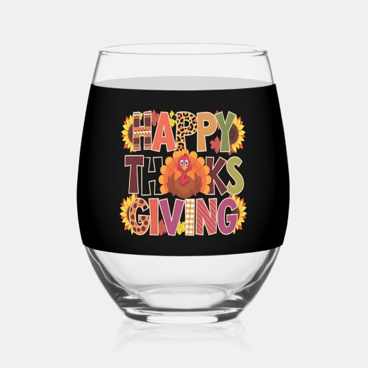 ハッピーサンクスギビングターキーおもしろいパンプキンシーズン ステムなしワイングラス (正面)