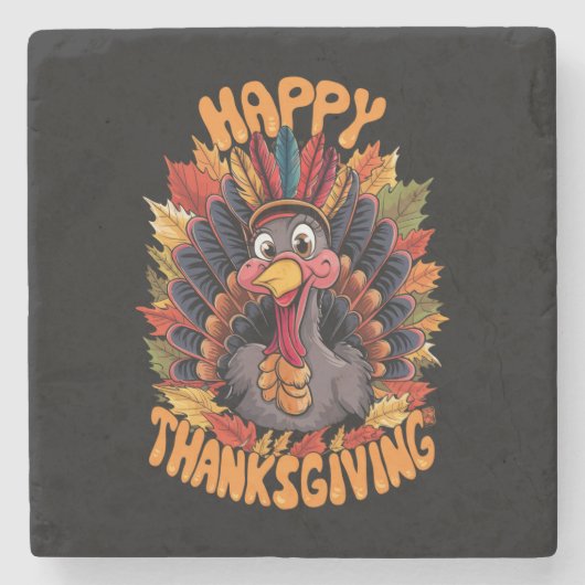 ハッピーサンクスギビングターキーファミリー秋 ストーンコースター (正面)