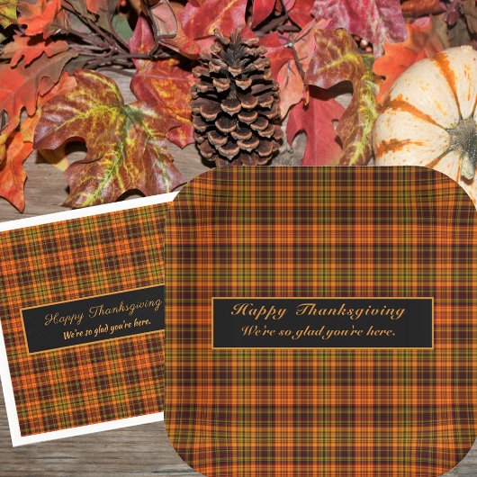 ハッピーサンクスギビングタータンチェックプレイド紅葉 ペーパープレート