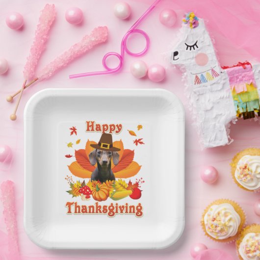 ハッピーサンクスギビングダッシュント犬のオーナーペットラバー ペーパープレート (パーティー)