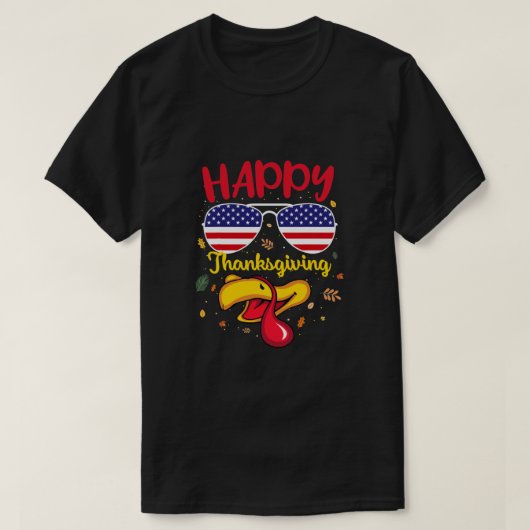 ハッピーサンクスギビングトルコ顔米国旗感謝していおもしろい Tシャツ (デザイン正面)