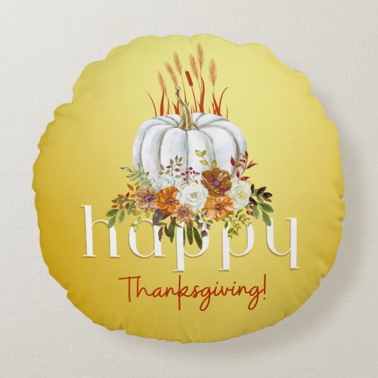 ハッピーサンクスギビングパンプキン秋フローライエロー ラウンドクッション (正面)