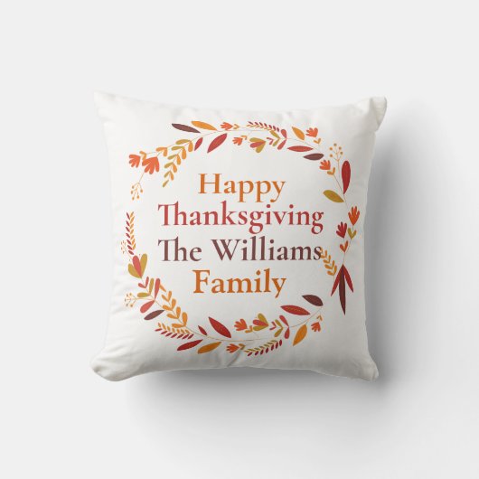 ハッピーサンクスギビングファミリーカスタムネーム秋リース クッション (正面)