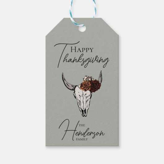 ハッピーサンクスギビングフローラ牛スカル秋収穫 ギフトタグ (正面)