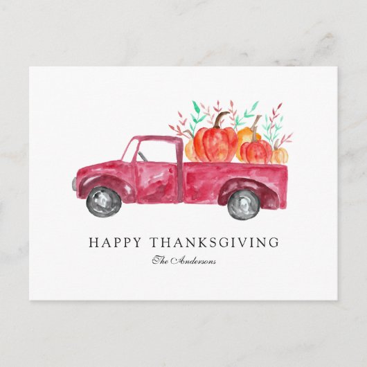 ハッピーサンクスギビングレッドトラック秋パンプキンハーベスト シーズンポストカード (正面)