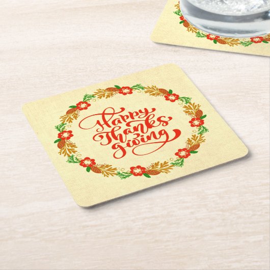 ハッピーサンクスギビングレッド金ゴールドリース スクエアペーパーコースター (アングル)