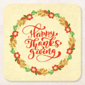 ハッピーサンクスギビングレッド金ゴールドリース スクエアペーパーコースター (正面)