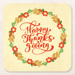 ハッピーサンクスギビングレッド金ゴールドリース スクエアペーパーコースター