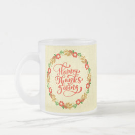 ハッピーサンクスギビングレッド金ゴールドリース フロストグラスマグカップ
