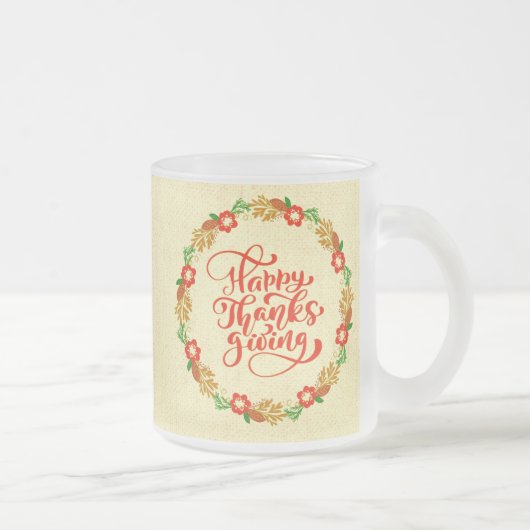 ハッピーサンクスギビングレッド金ゴールドリース フロストグラスマグカップ (右)