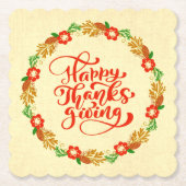 ハッピーサンクスギビングレッド金ゴールドリース ペーパーコースター (正面)