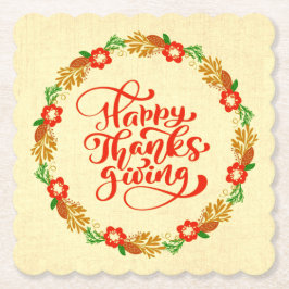 ハッピーサンクスギビングレッド金ゴールドリース ペーパーコースター