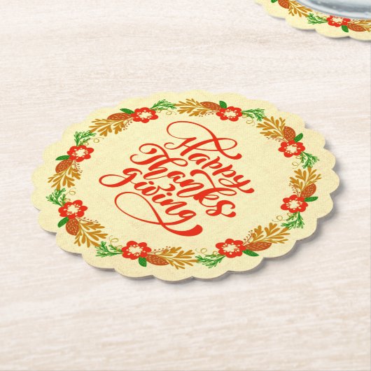 ハッピーサンクスギビングレッド金ゴールドリース ペーパーコースター (アングル)